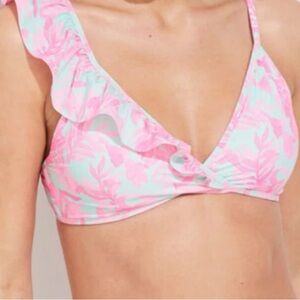 NWT Vineyard Vines Bougainvillea Ruffle Bikini Top in Crystal blue/Pink Size L